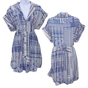 THE SANG Blue Georgette Embroidered Ikat Smocked Shirtdress w/ Weighted Hem Sz S